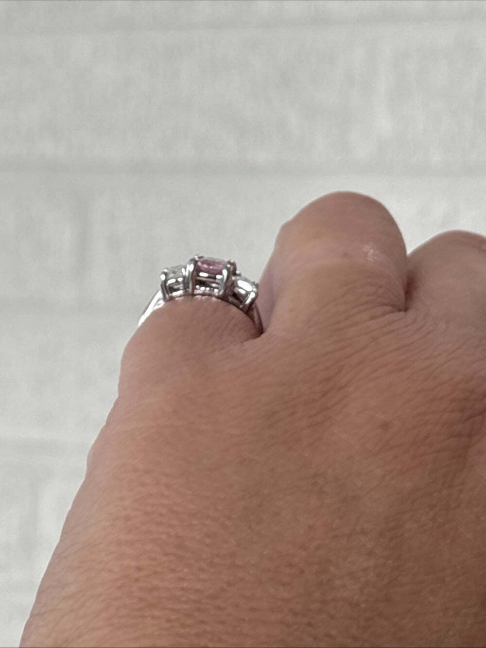 Sterling Silver Three-Stone Pink Center Ring - Elegant Pink Accent - Picture 7 of 13